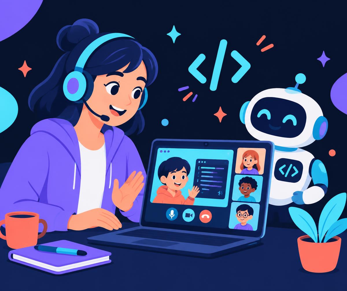 Mentor teaching kids in a live online coding class with a robot helper